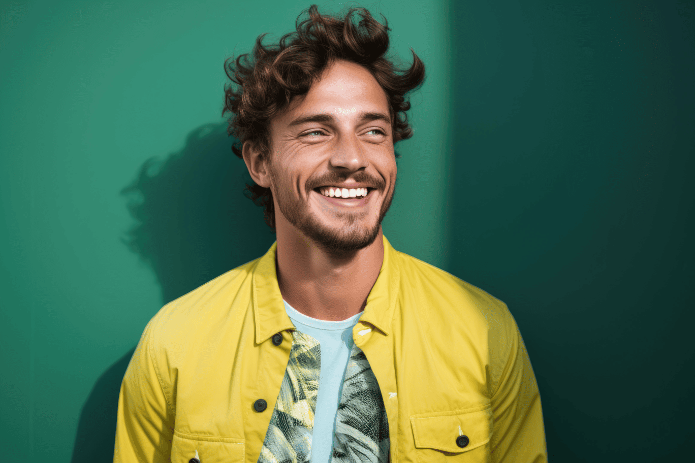 IMMAGINE RAGAZZO BARBA GIACCA GIALLA MAGLIA BIANCA